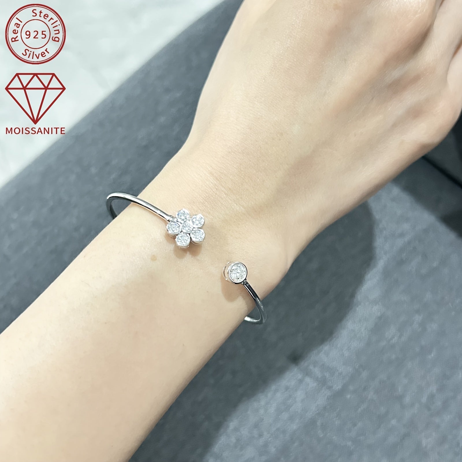 Open Cuff Bracelet for Women with Synthetic Moissanite Stones 925 Silver 14K Gold Plating April Birthstone Elegant Floral Design