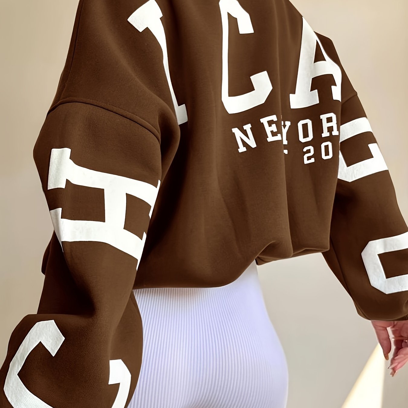 Women's Brown Letter Print Sweatshirt Crew Neck Long Sleeve Casual