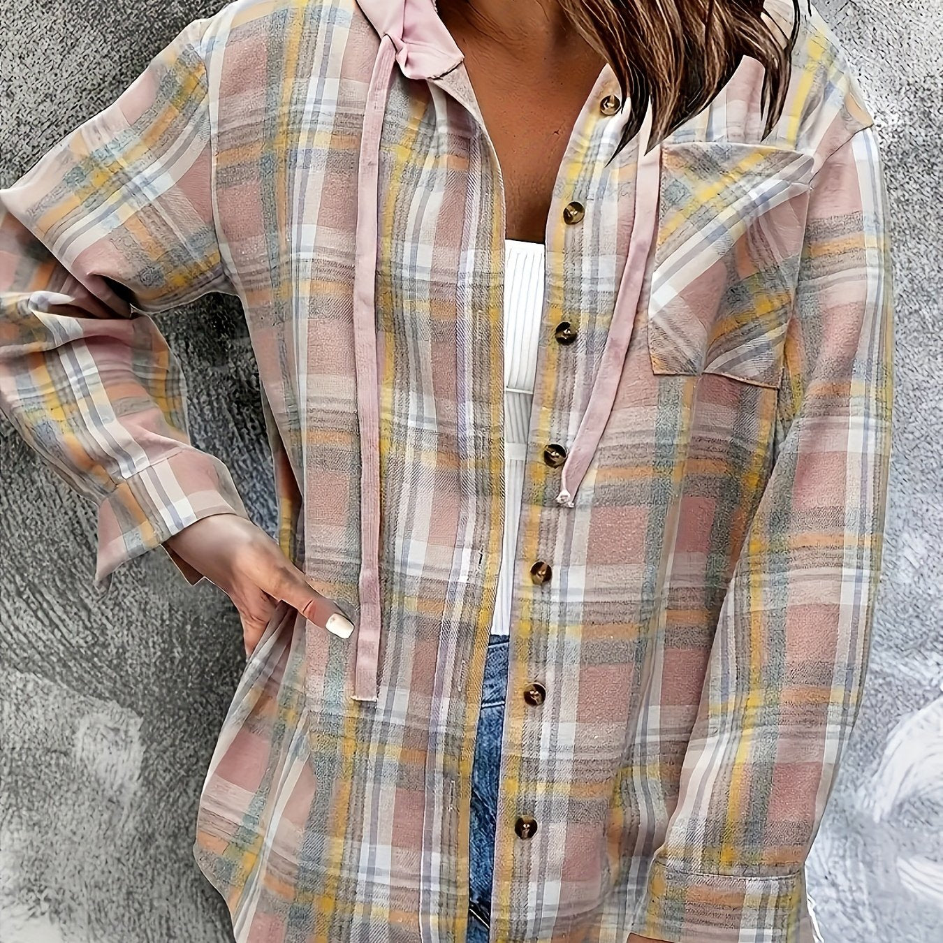 Women's Plaid Hooded Blouse Casual Fall Spring Drawstring Weekend Wear