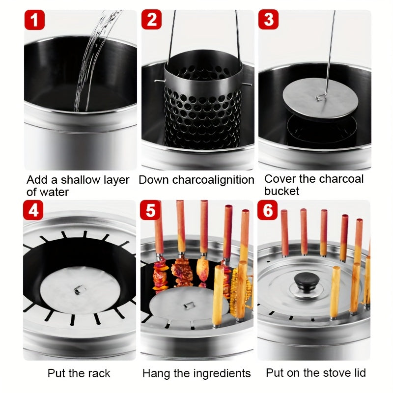 Portativ tutunsiz ko'mir qopqog'i bilan zanglamaydigan po'latdan yasalgan atrofdagi osilgan pech, ochiq havoda tutunli grill. 60 ta shish, 2 ta ziravorlar shishasi, 1 ta grill tarmog'i va 10 ta fixatorni o'z ichiga oladi. Oson
