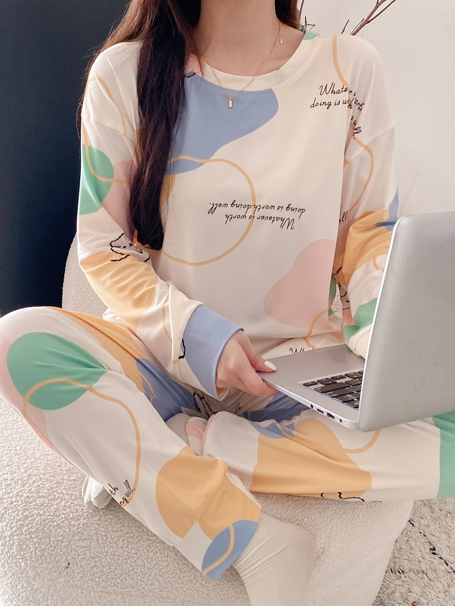 Women's Letter Print Pajama Set Long Sleeve Cozy Fall Lounge Sleepwear