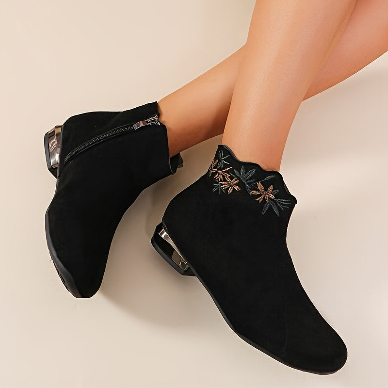 Women's Flannel Ankle Booties with Zipper & Embroidery Low Heel