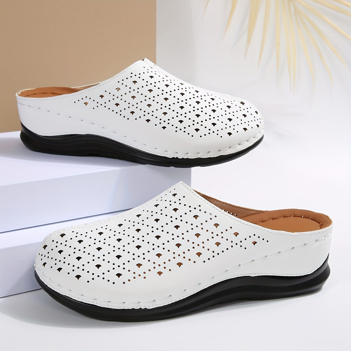 Women's Slip-On Platform Mules with Cut-Out Design Breathable PU Black White
