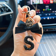 Black Bow and Rhinestone Alphabet Keychain Alloy Cartoon Charm for Bags and Cars