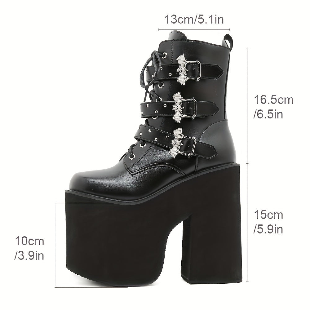 Women's Mid-Calf Platform Boots Punk Style Solid Color Buckle Zipper Lace-Up