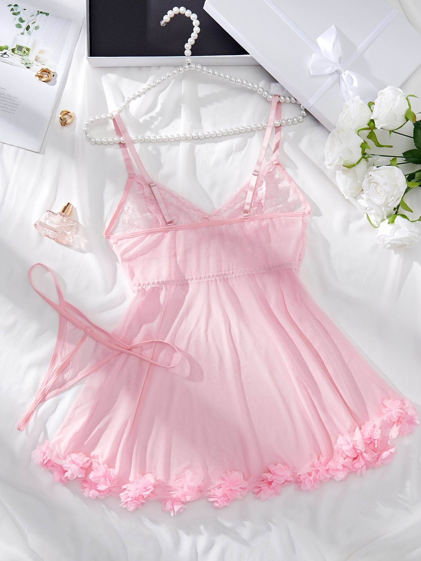 Women's Satin Sleepwear Set with Lace Trim in Pink