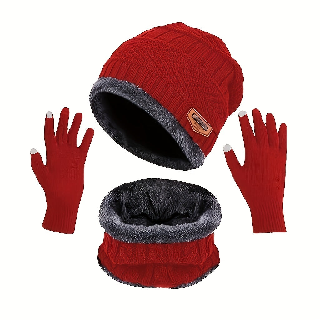 Winter Warm Velvet Knit Hat Scarf Gaiter Set with Touch Screen Gloves for Men Women