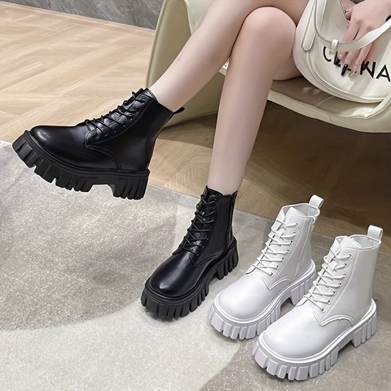 Women's Mid-Calf Combat Boots Lace-Up Platform Sole Black White