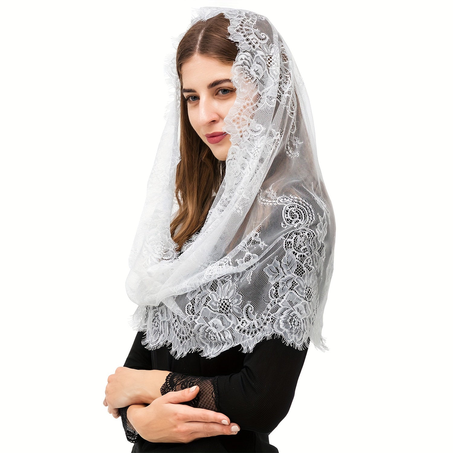 Lace Mantilla Veil with Vintage Style Infinity Shape for Latin Mass and Women