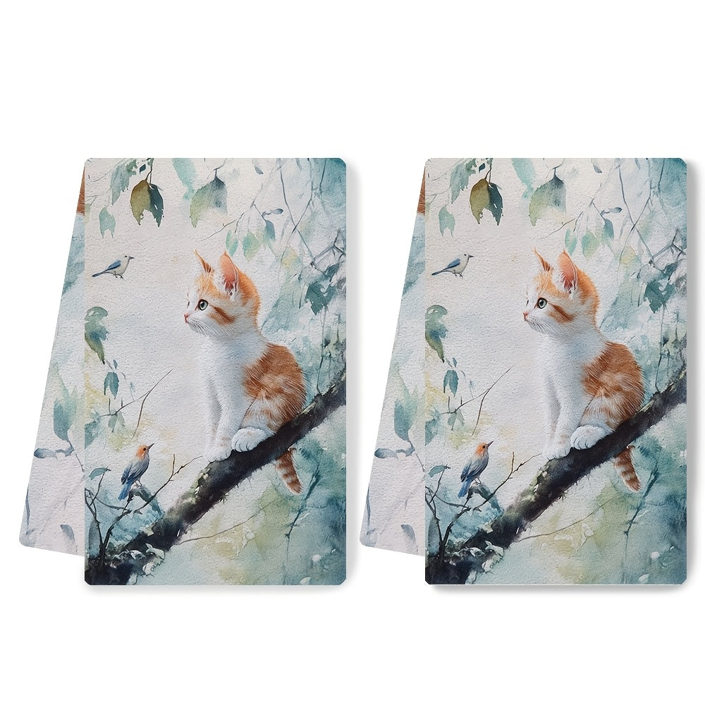Набор из 2 ультра мягких кухонных полотенец с дизайном котенка и птиц, 40x60 см