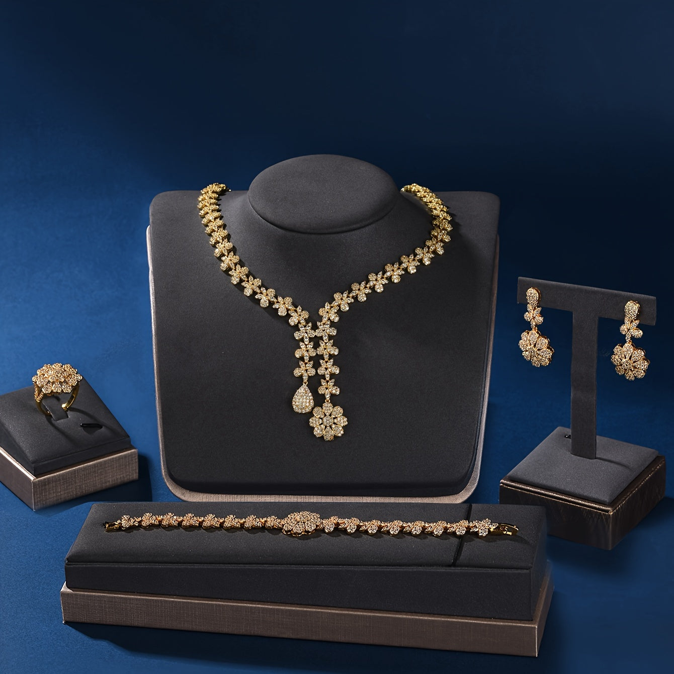 Gold Plated Copper Jewelry Set for Women with Synthetic Zirconia 5-Piece for Parties Weddings