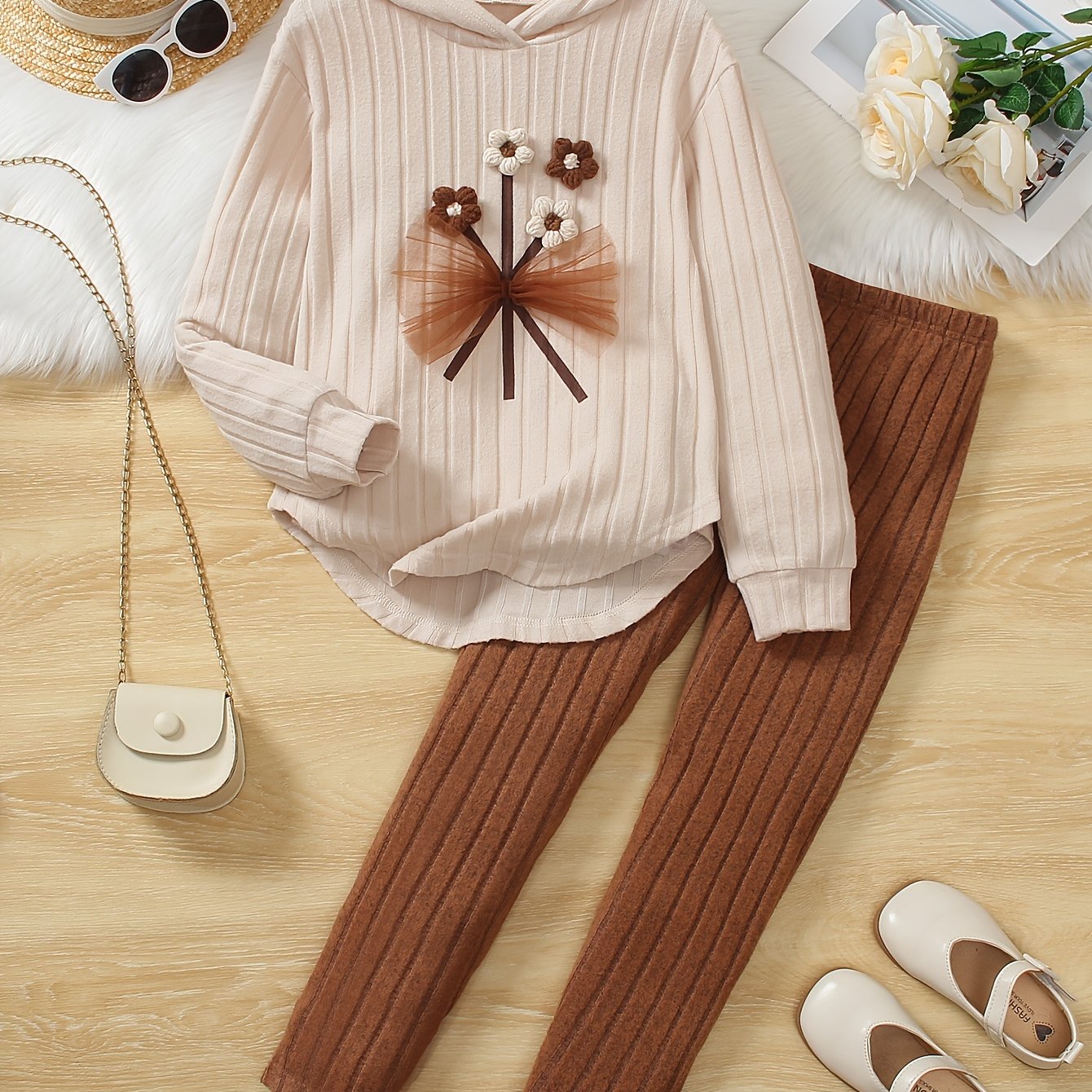 Women's Two-Piece Hooded Outfit with Floral Embroidery for Spring and Fall