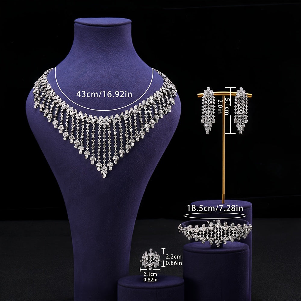 Conjunto de joyería de 4 piezas: collar, pendientes, pulsera y anillo de zirconia cúbica para mujer, boda, novia, fiesta