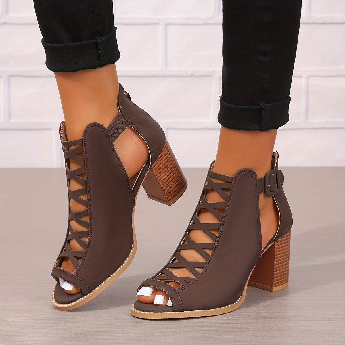 Women's Brown Faux Leather Ankle Boots Peep Toe Chunky Heel Crisscross Straps Buckle Closure Summer Rubber Sole