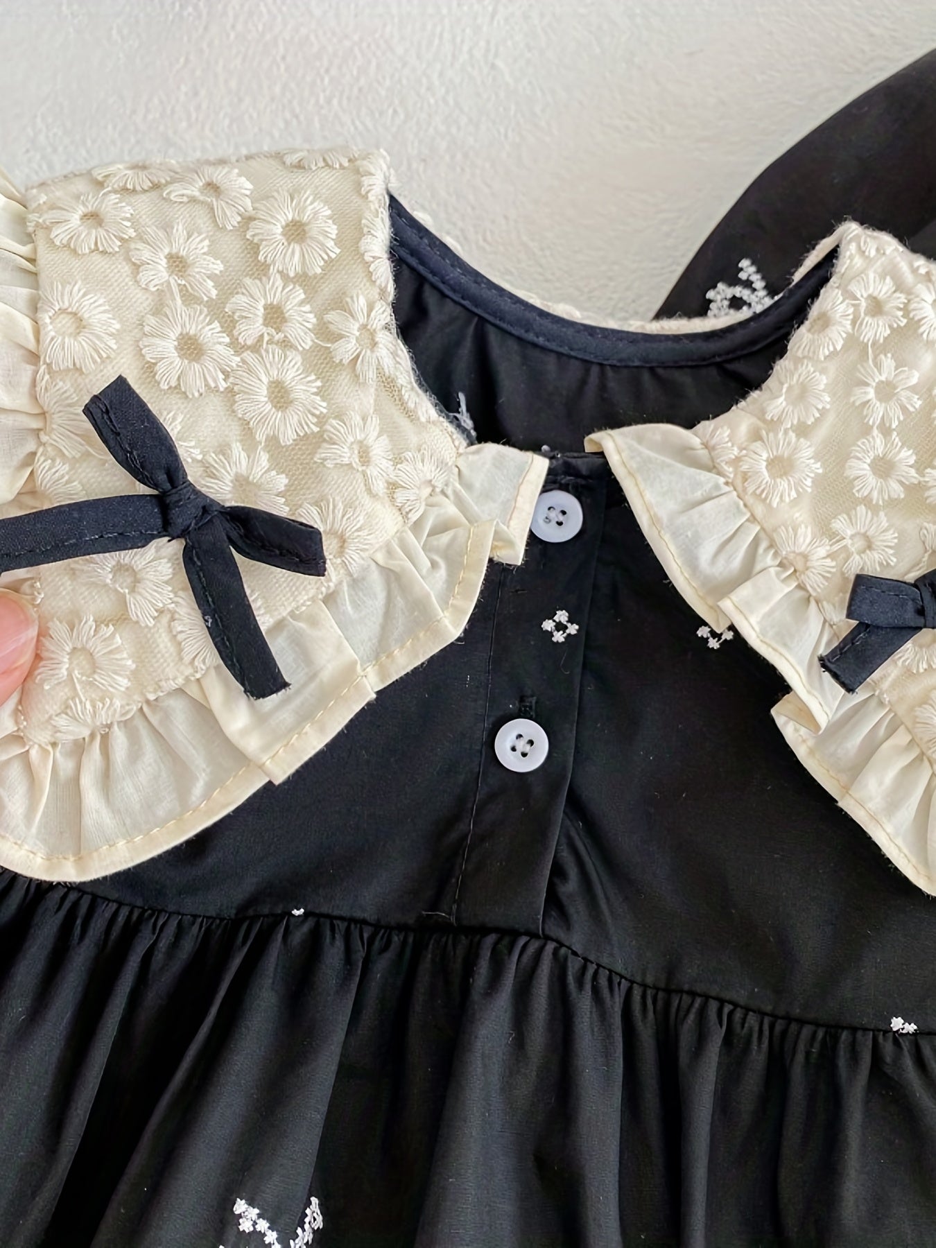 Girls Floral Print Black Cotton Dress with Butterfly Bow and Ruffled Collar for Spring Outdoor Activities