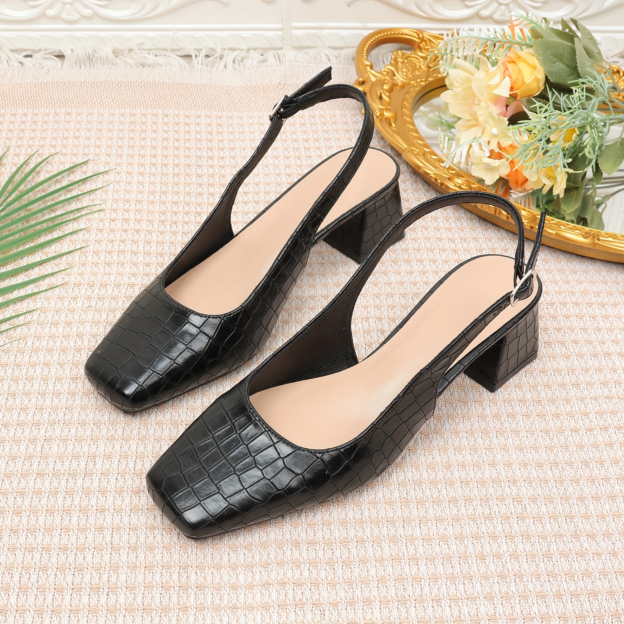 Women's Square Toe Pumps Faux Leather Crocodile Pattern Chunky Heel Dress Shoes