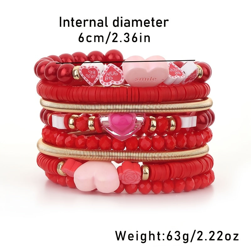 Red Beaded Bohemian Heart Bracelet for Women Valentine's Day Jewelry Multi-Layered