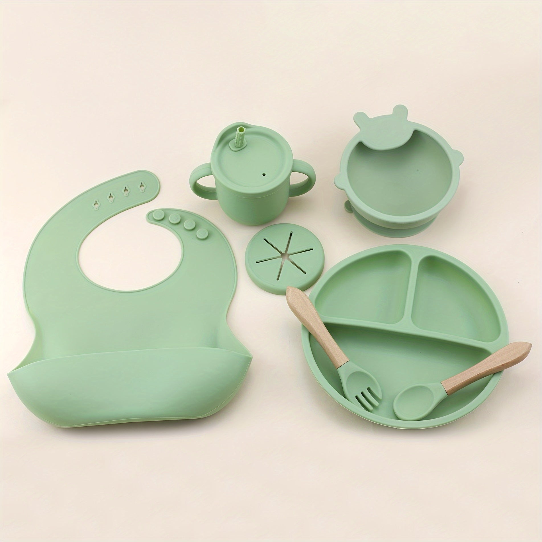 Kids Feeding Set 7 Pieces Silicone Bib Water Cup Teething Plate Suction Bowl Wooden Spoon Fork Red