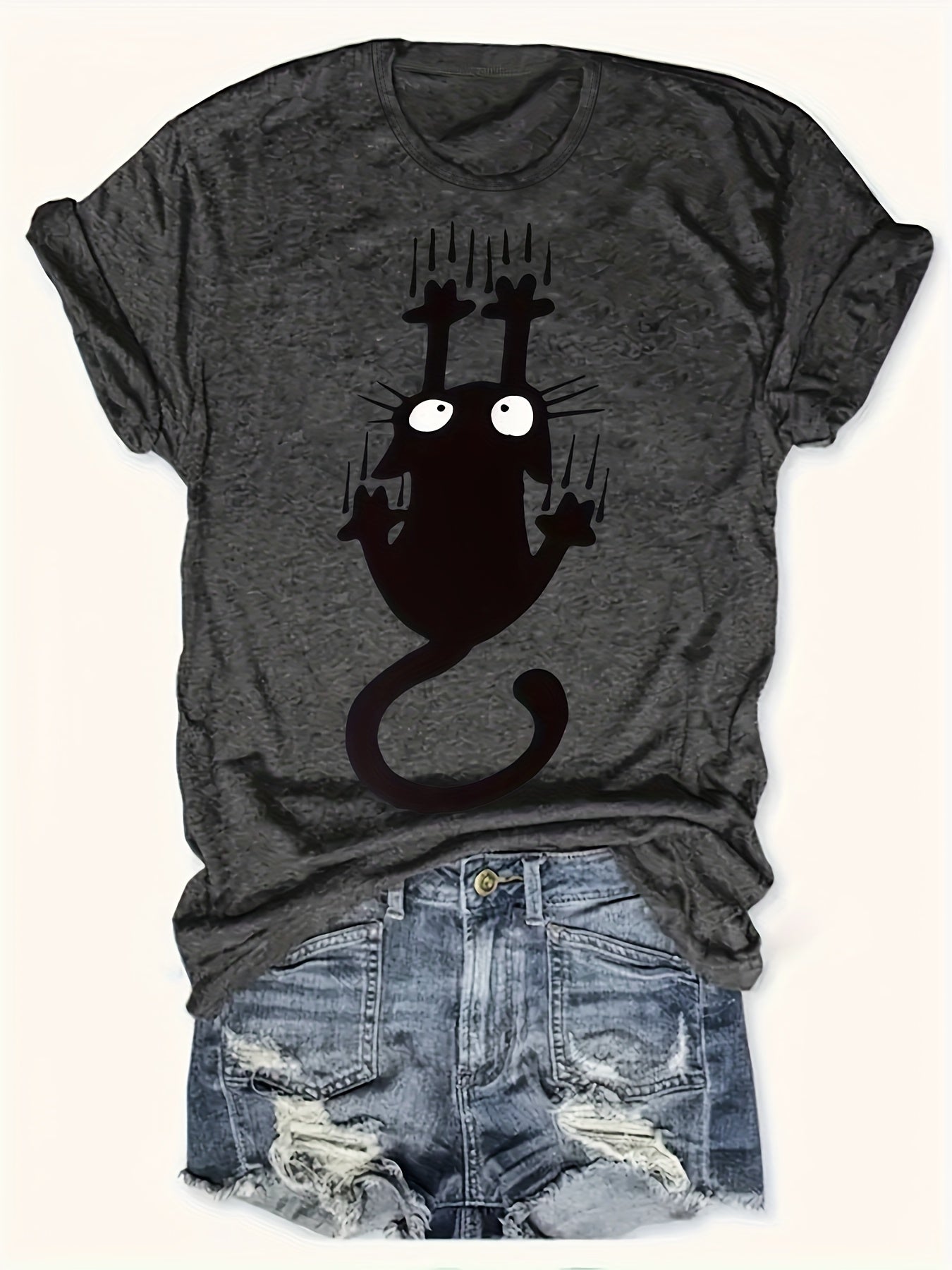 Women's Gray Short Sleeve T-Shirt with Cat Print Casual Spring Summer Autumn