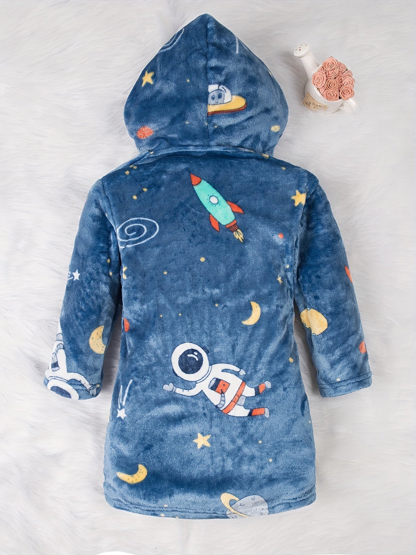 Kids' Space-Themed Fleece Robe with Hood Pockets Flame Retardant for Boys 2-11