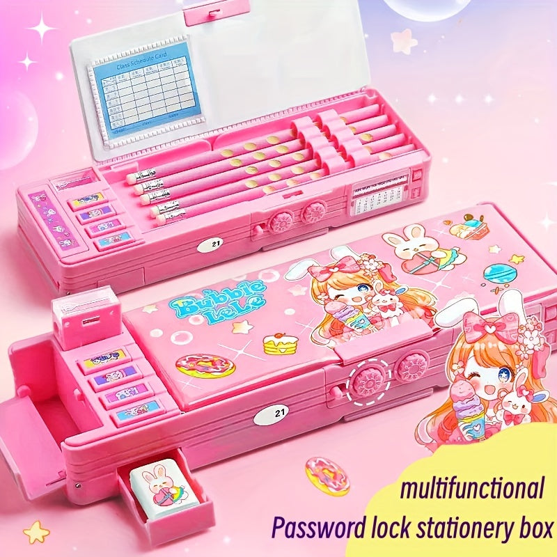 Purple Pencil Case with Password Lock, Colorful Compartments, Portable Stationery Organizer for Girls