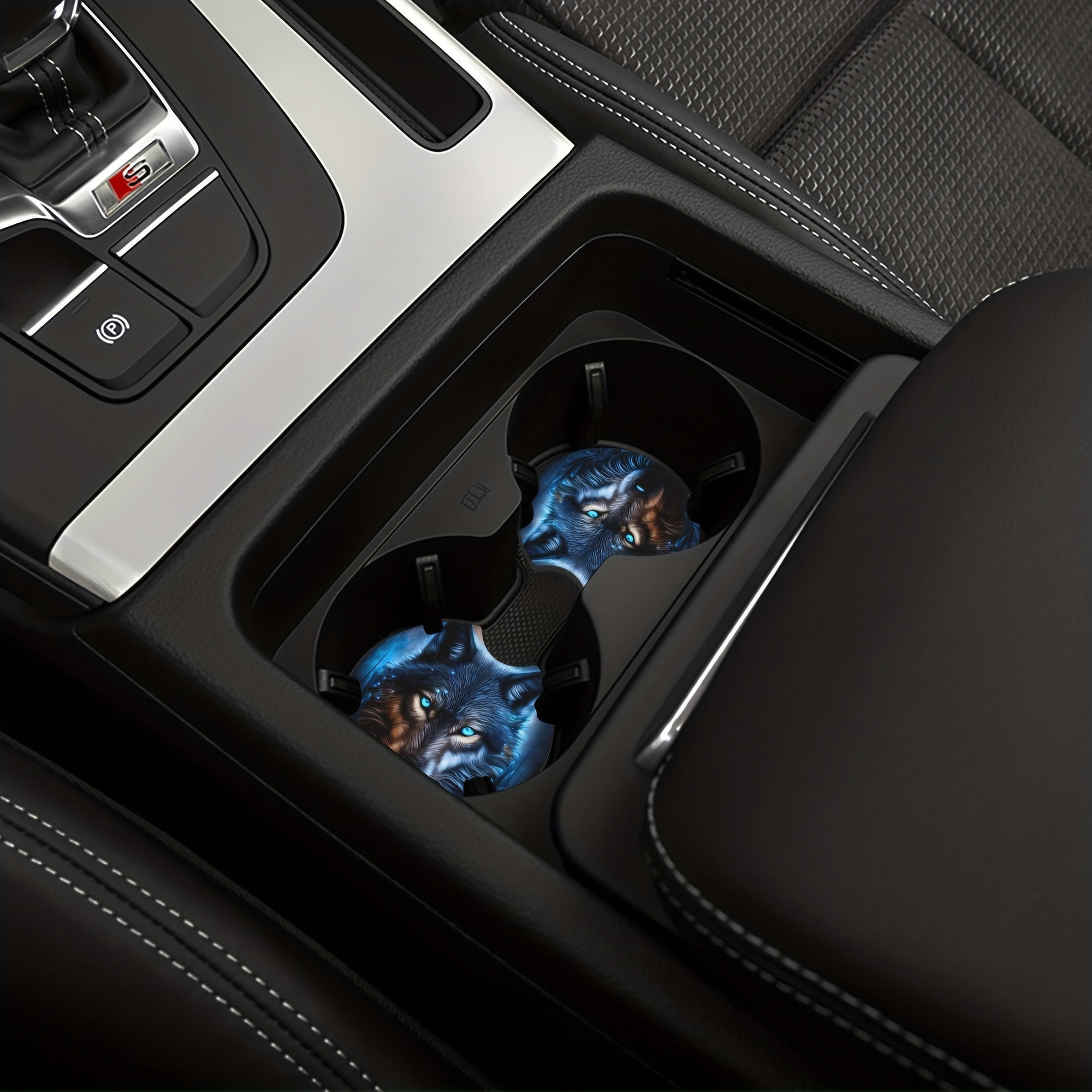 2pcs Blue Flame Wolf Pattern Absorbent Car Cup Holder Coasters Non-slip Rubber