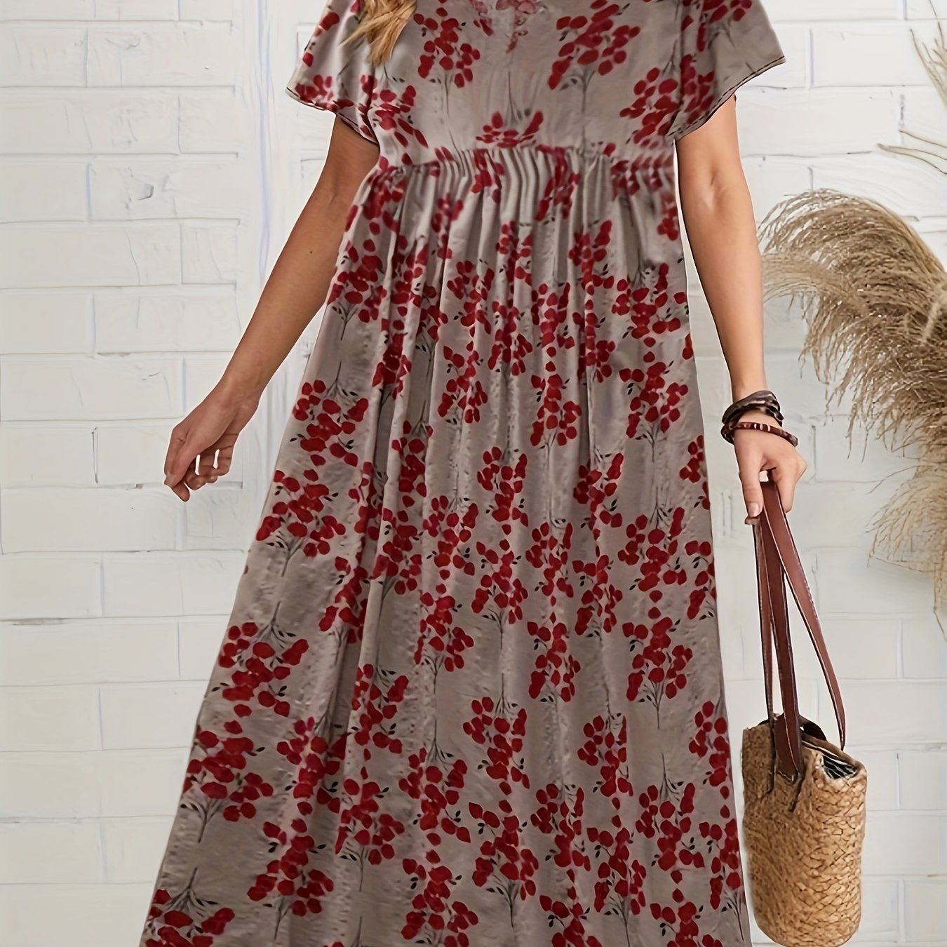Women's Floral Print Polyester A-Line Midi Dress with Drop Shoulder Sleeves for Spring Summer Fall