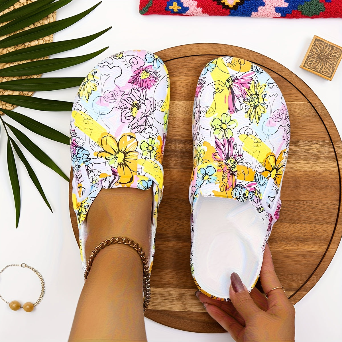 Women's Floral Print Slip-On Mules with Adjustable Straps EVA Casual