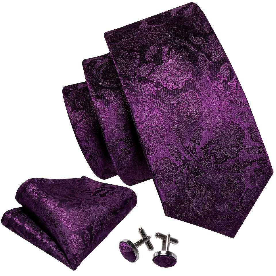 Men's Floral Woven Tie Set with Cufflinks and Handkerchief for Wedding or Formal Events