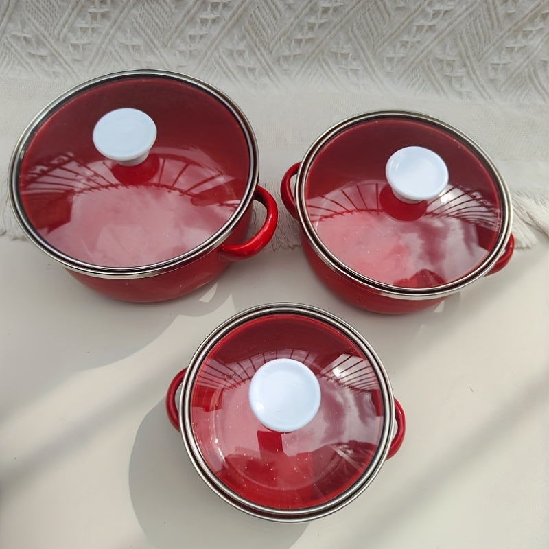 Enamel Cookware Set Includes 3 Mini Pots 12/14/16cm Solid Color Speckled Design