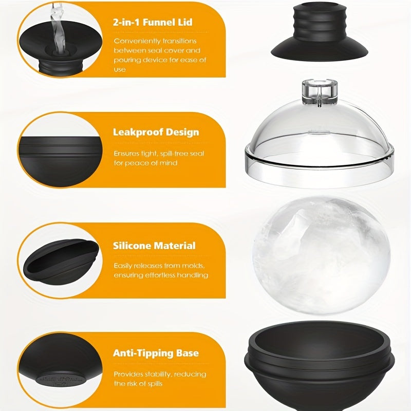 Silicone and Polycarbonate Ice Sphere Molds with Dual-Function Funnel Lid for Slow-Melting Ice Balls
