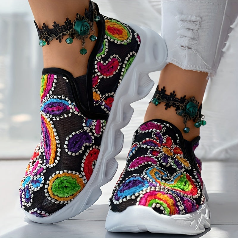 Women's Embroidered Fabric Slip-On Sneakers with Rubber Sole