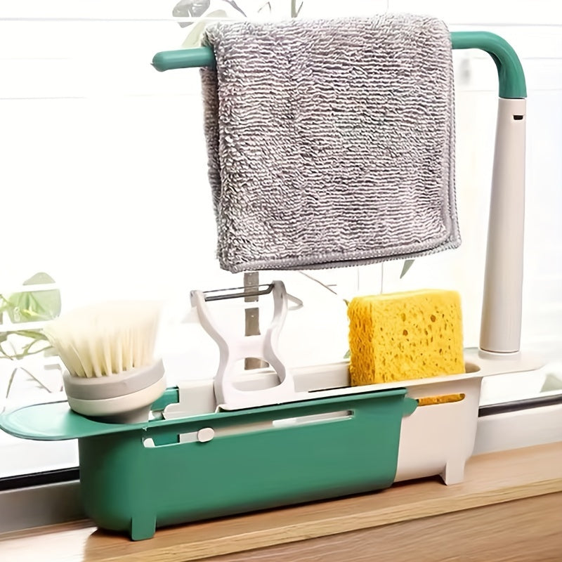 Organizador de fregadero de cocina de plástico con cesta de drenaje ajustable y soporte para paños