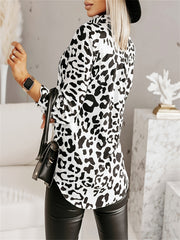 Women Leopard Print V-Neck Blouse Casual Long Sleeve Plus Size
