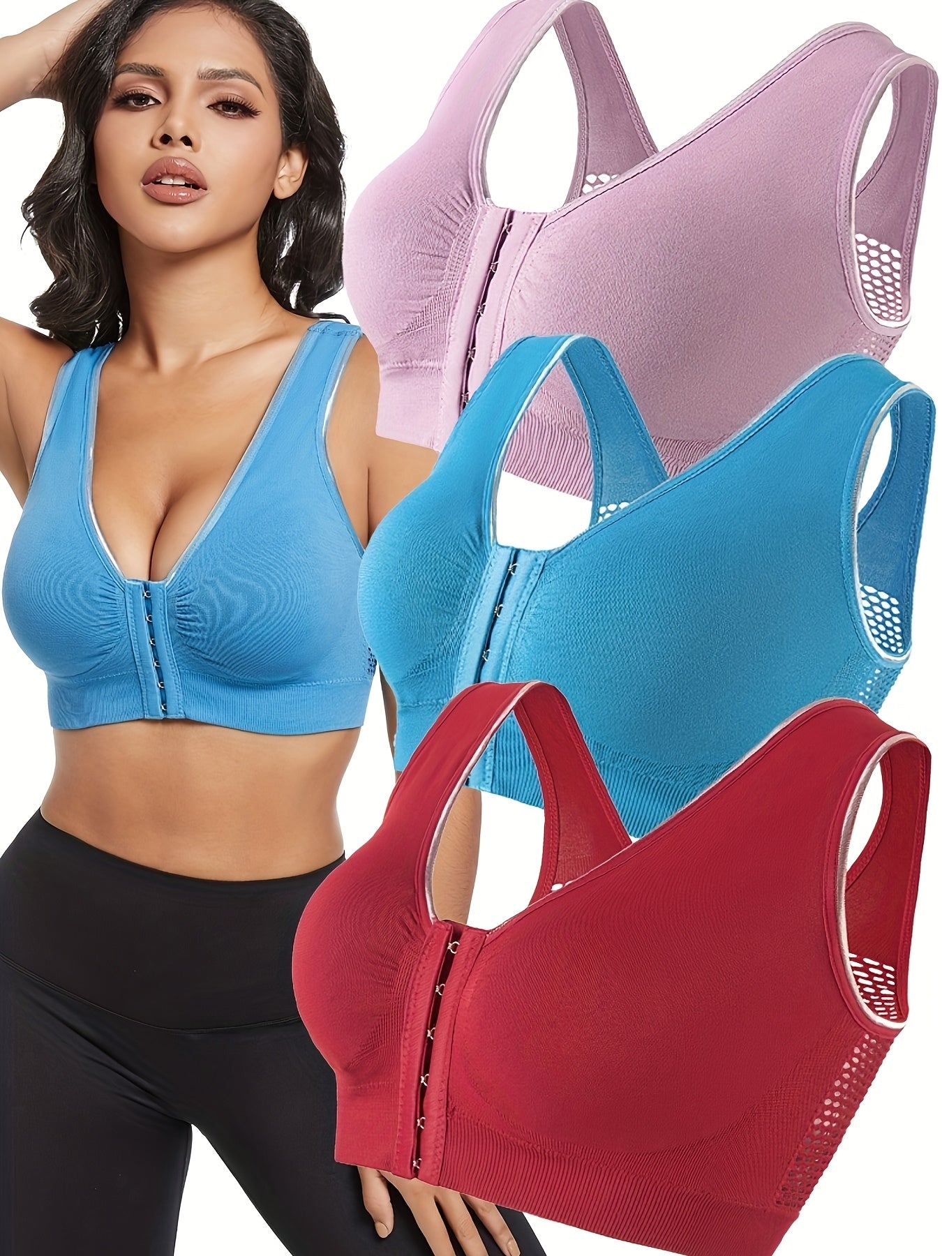 Комплект бесшовных спортивных бюстгальтеров plus size из 3 штук, высокая компрессия, дышащие, для йоги и бега