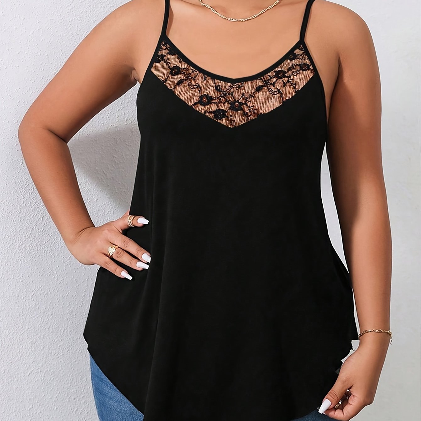 Plus Size Women's Lace Panel Sleeveless Top Solid Color Black Plus Size