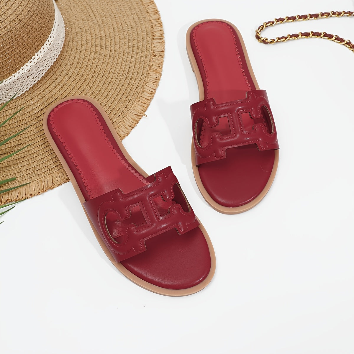 Women's Summer Slip-On Slippers Black PU Open-Toe Flat Casual