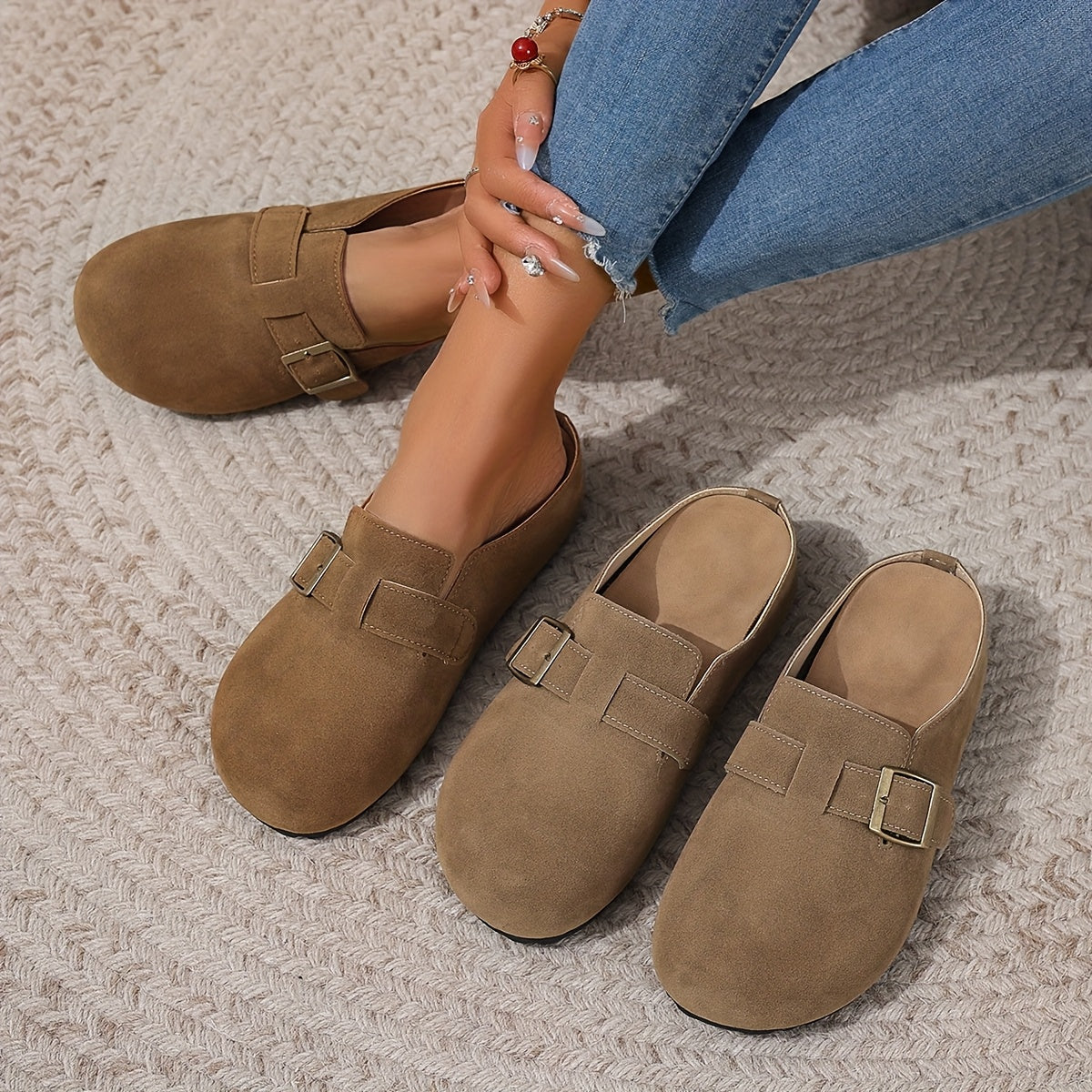 Women's Faux Leather Slip-On Mules Brown Green Buckle Casual Summer Comfort