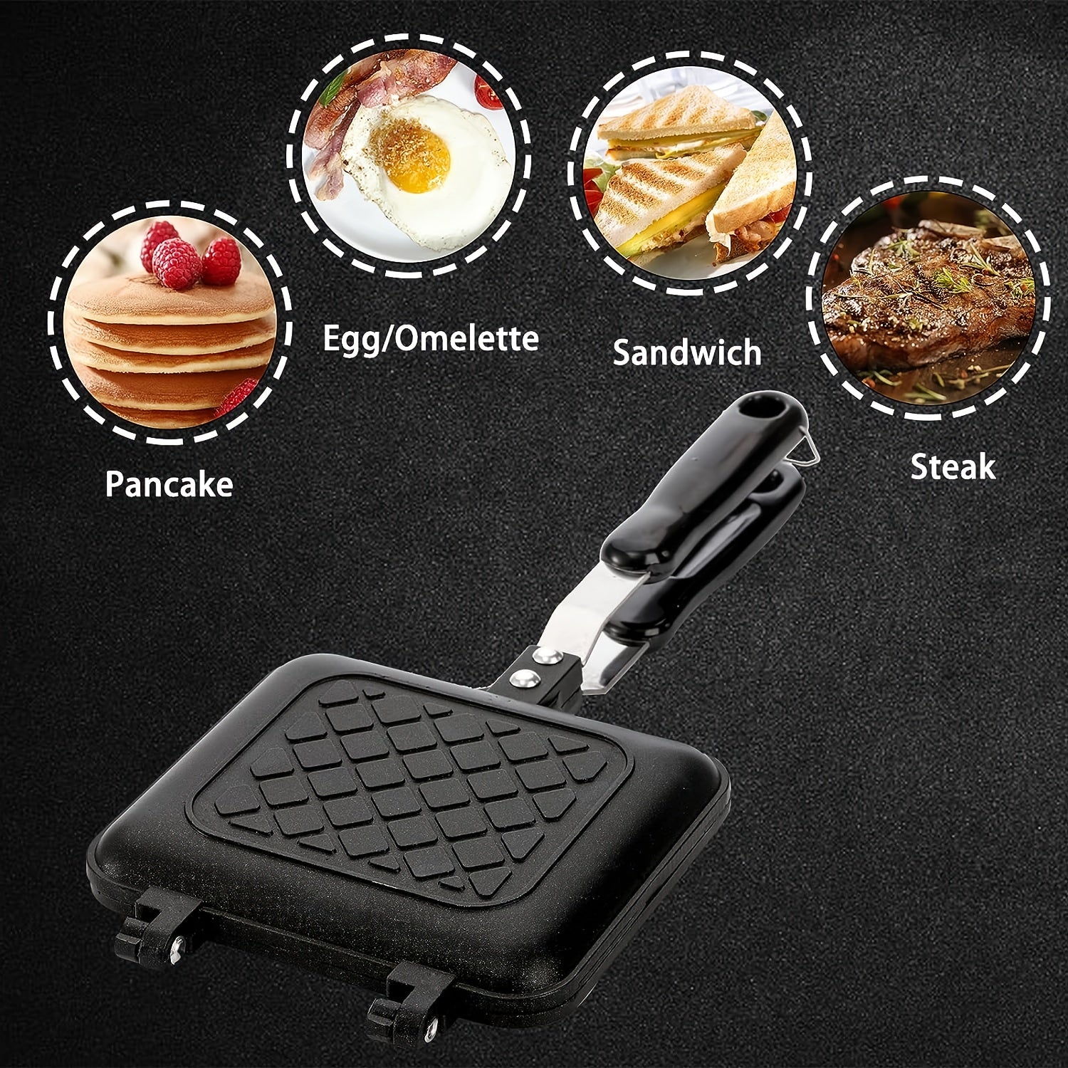 Non-Stick Square Sandwich and Waffle Maker with Double-Sided Roasting Pan for Breakfast and Camping