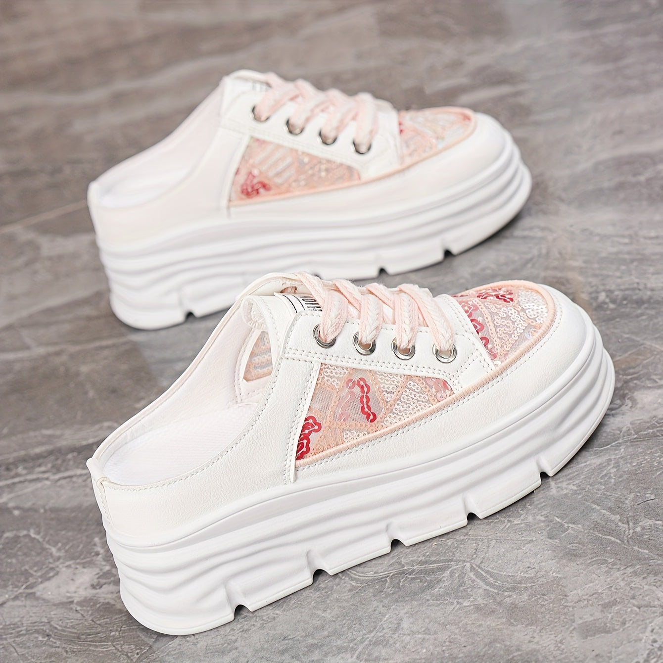 Women's Summer Platform Sneakers with Sequin Accents Breathable PU Rubber Sole