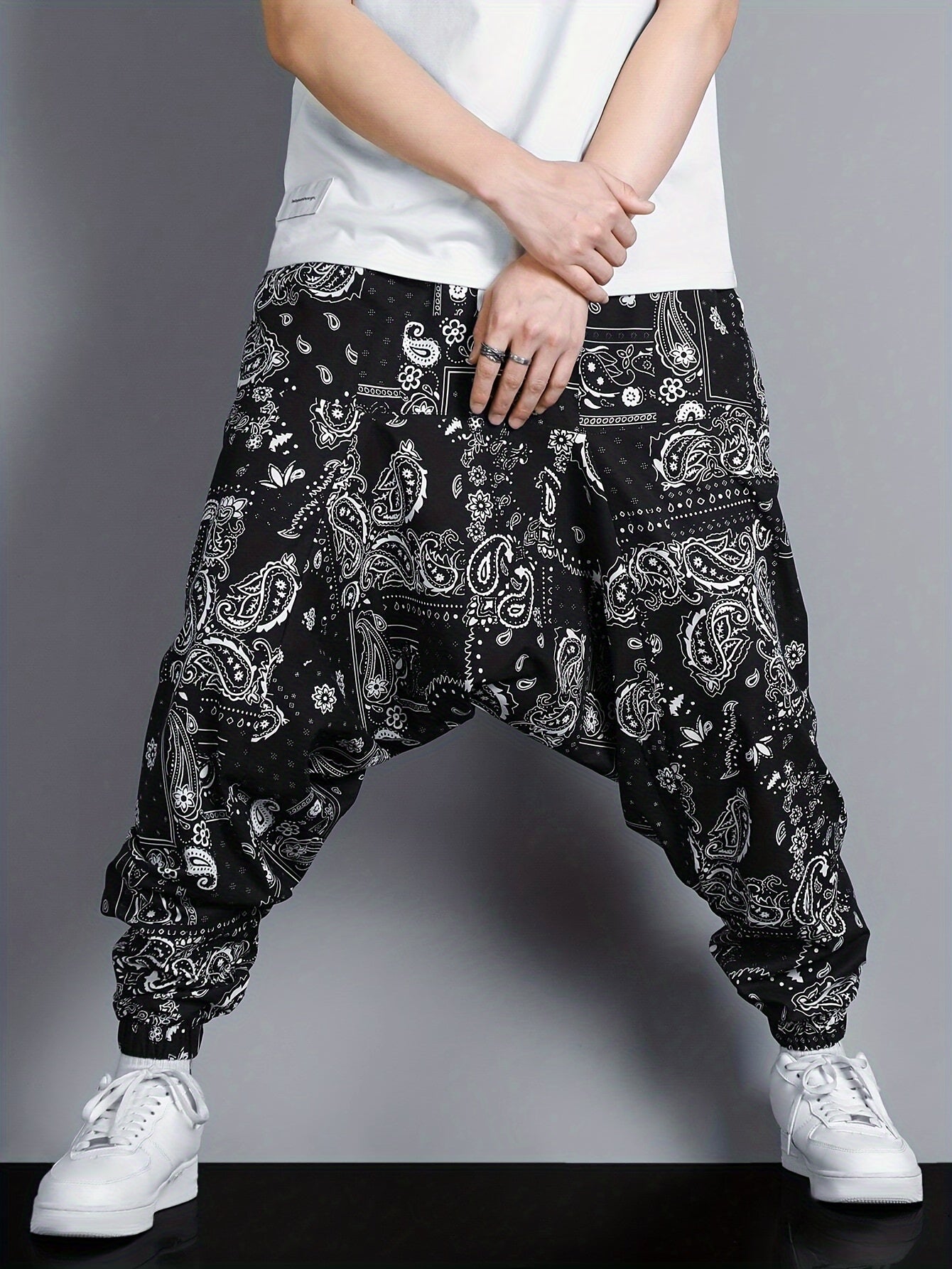 Pantalones jogger oversize para hombre con estampado de patrón paisley en poliéster, ropa casual de calle