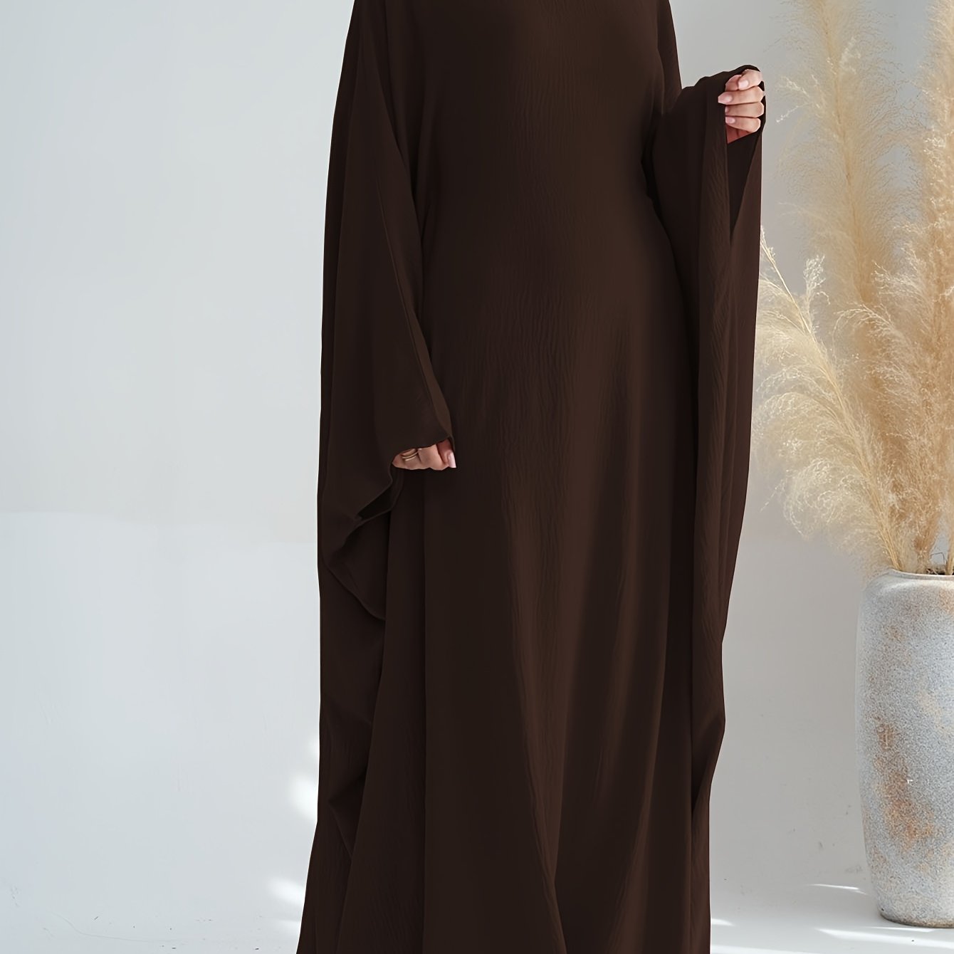 Plus Size Women Abaya Olive Green Polyester Batwing Ruffled Sleeve Dress