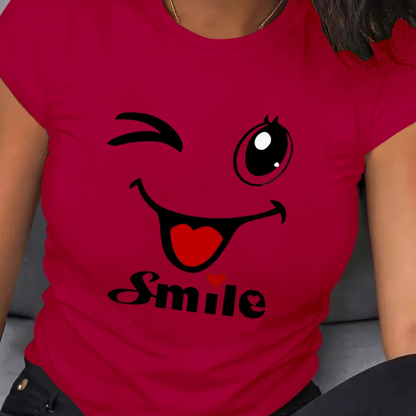 Plus Size Women's Cartoon Face T-Shirt Breathable Short Sleeve Crew Neck