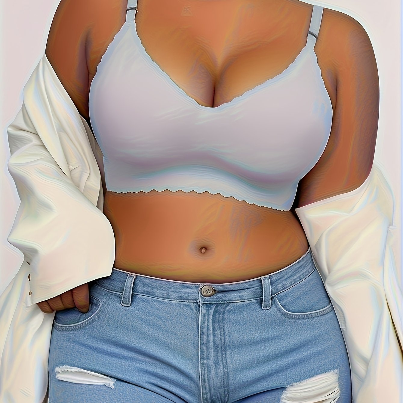 Women's Plus Size Seamless Wire-Free Bra with Wave Edge and Adjustable Straps