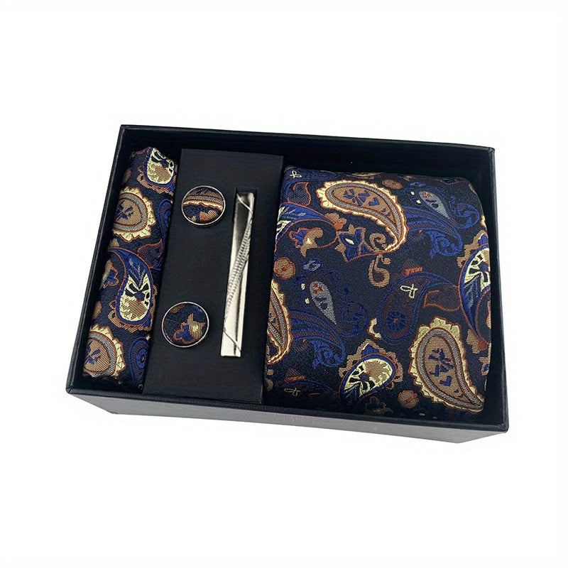 Мужской черный галстук с пейсли, комплект с квадратным шарфом, запонками и зажимом для галстука