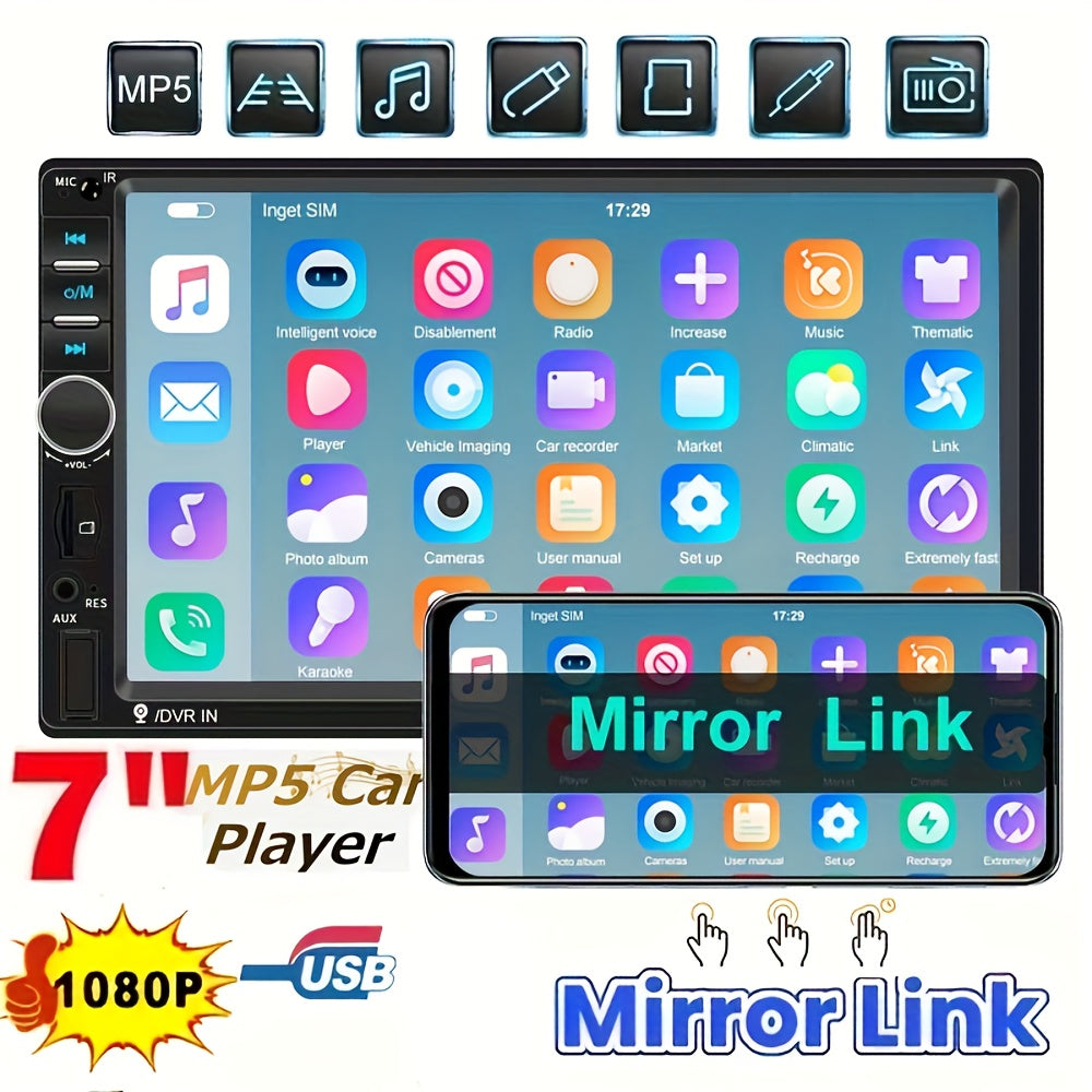 Car Multimedia Player 17.78cm 2Din Car Stereo System Wireless Mirror Link FM