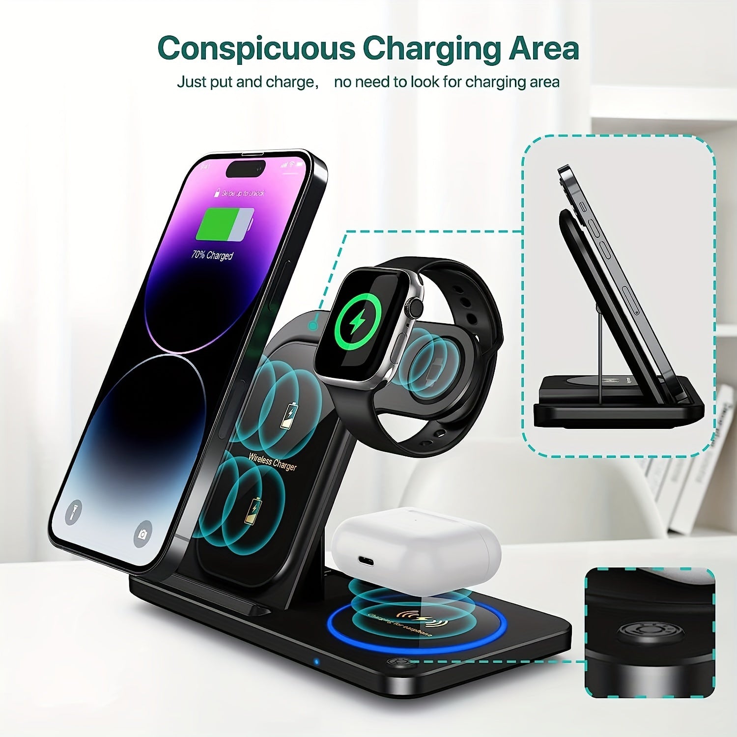 Foldable Wireless Charging Station for iPhone iWatch Earbuds Fast Charging Hub