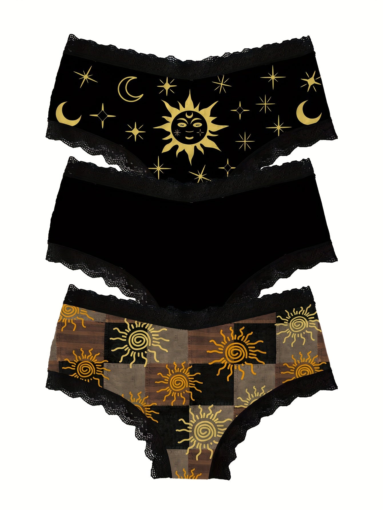 3 Pack Women's Breathable Lace Trim Briefs Comfortable Stretchy Underwear Galaxy Pattern