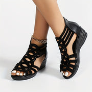 Women's Black Rhinestone Wedge Sandals with Peep Toe Ankle Strap Platform Heel