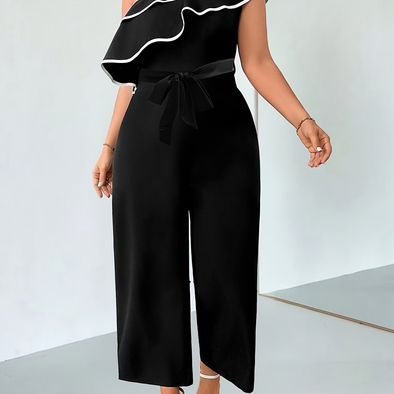 Women's Black Off-Shoulder Ruffle Jumpsuit with Waist Tie and Wide Legs